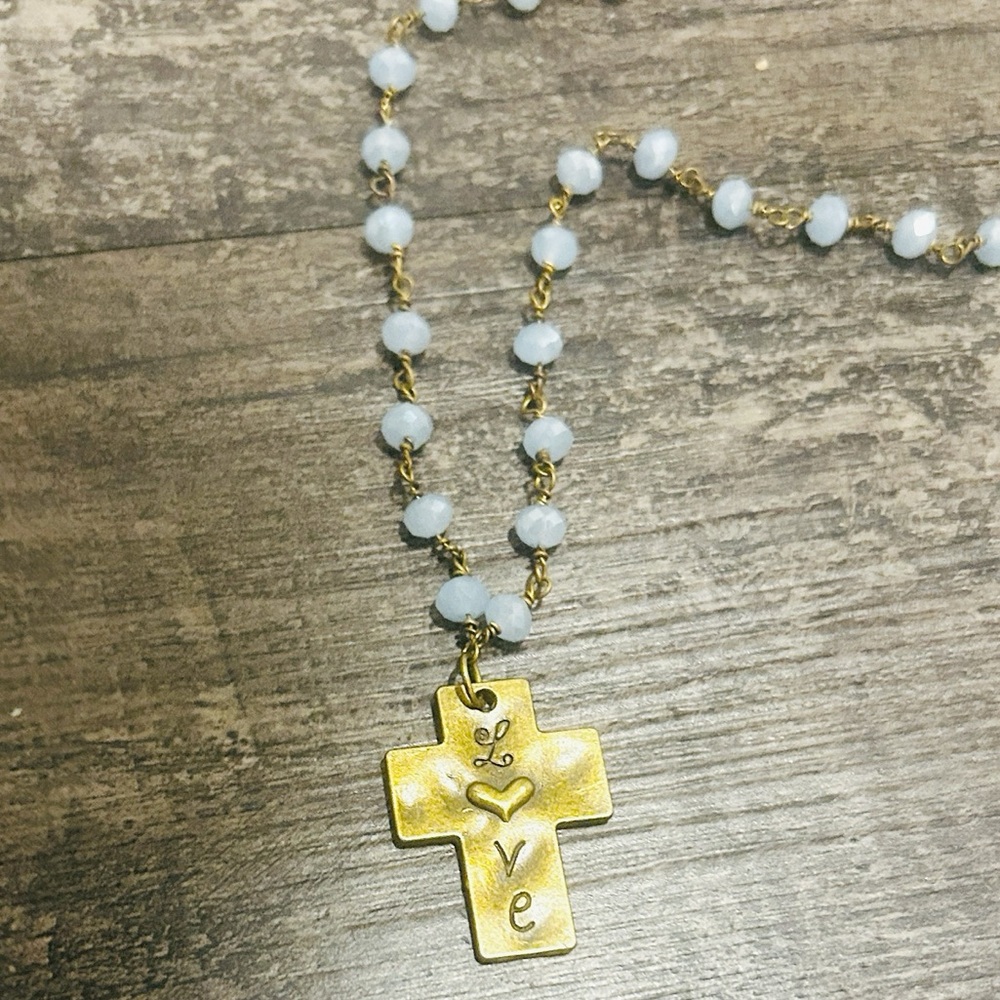 Vintage Gypsy Bronze Love Cross Pendant 19” Necklace with Blue Swarovski